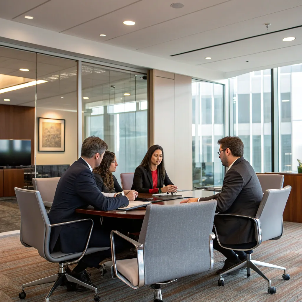 Professional office with business professionals in discussion