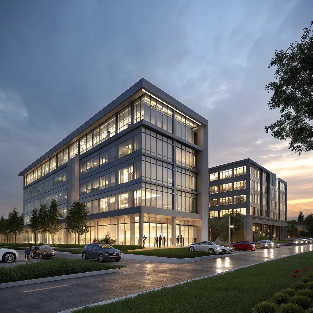 Modern office building at dusk